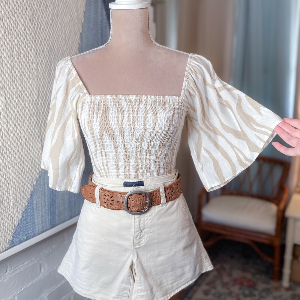 Billabong Tan and Brown Wide Sleeve Smocked Blouse